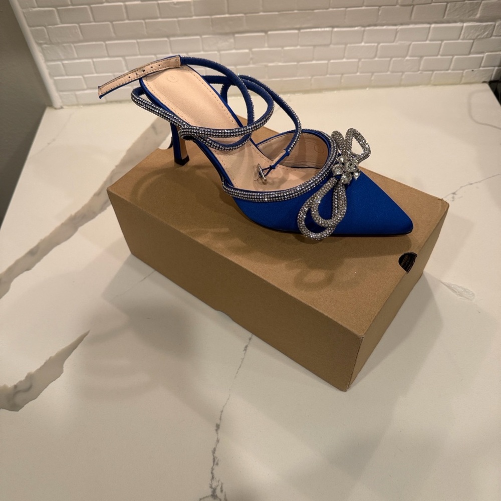 Blue Heels with Rhinestone Bow Detail & Ankle Straps